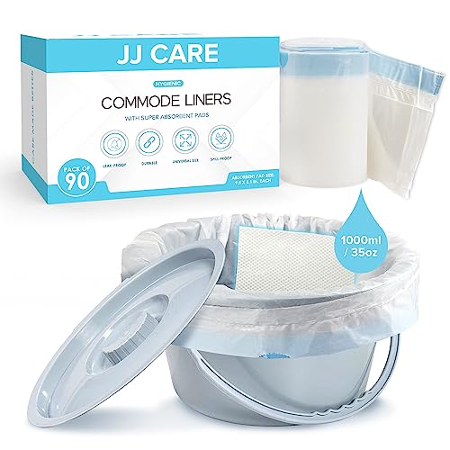 أكياس القمامة الجانبية من JJ CARE مع وسادات ماصة عبوة من 90 كيس قعادة 16x21 للبالغين مقعد مرحاض محمول أكياس مرحاض قابلة للتصرف لجانب السرير