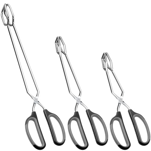 HINMAY Stainless Steel Scissor Tongs Cooking Tongs Set Set of 3 Black Handle 10 12 16