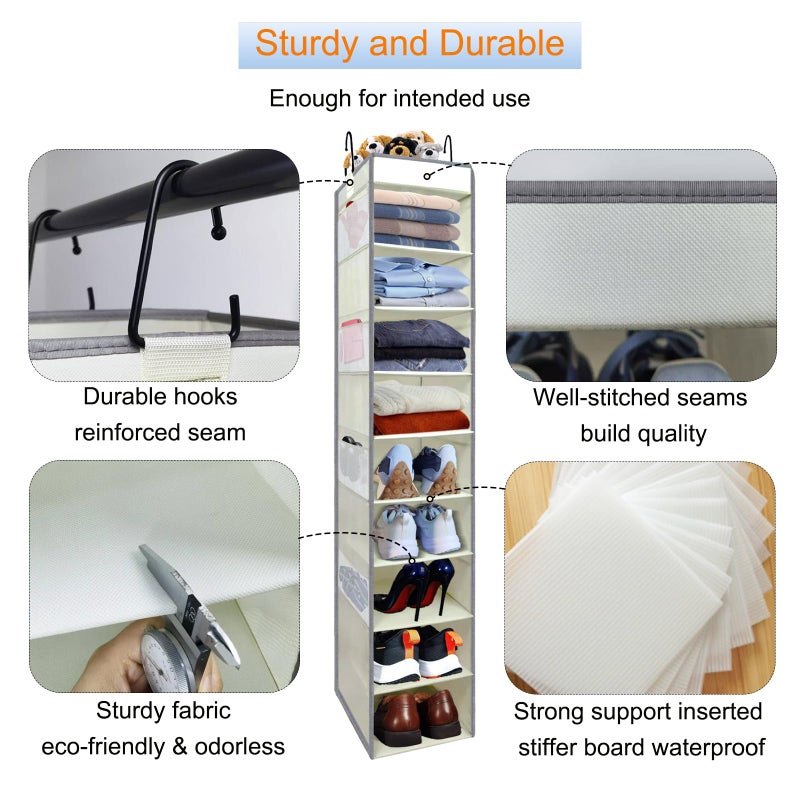 roomtalk Large-Sized Hanging Shoe Organizer 10-Shelf, Sturdy Hanging Closet Organizer with 8 Side Pockets, Wider Hanging Shelves for Storage Shoes Clothes Jeans Shirts Toys, Beige - Image 3