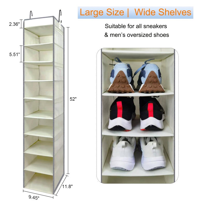 roomtalk Large-Sized Hanging Shoe Organizer 10-Shelf, Sturdy Hanging Closet Organizer with 8 Side Pockets, Wider Hanging Shelves for Storage Shoes Clothes Jeans Shirts Toys, Beige - Image 2