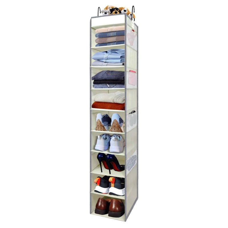 roomtalk Large-Sized Hanging Shoe Organizer 10-Shelf, Sturdy Hanging Closet Organizer with 8 Side Pockets, Wider Hanging Shelves for Storage Shoes Clothes Jeans Shirts Toys, Beige - Image 1