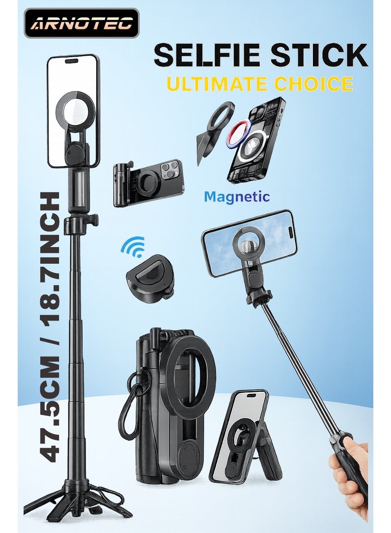 ARNOTEC 18.7 Inches(47.5cm) Magnetic 4-in-1 Selfie Stick – Compact & Portable Magsafe-Compatible Tripod with Detachable Bluetooth Remote,  360° Rotatable Phone Holder, for iPhone 12/13/14 and More - Image 1
