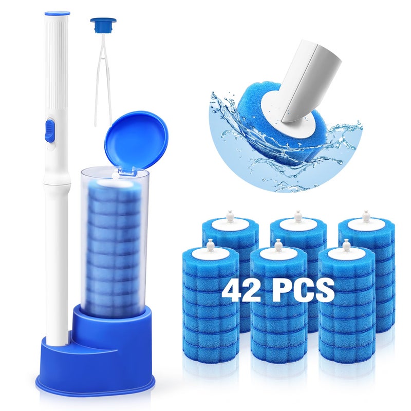 NEWE Disposable Toilet Brush with Tweezers Toilet Bowl Wand Holder Set with 42PCS Cleaner Refills Bathroom Cleaning System for Sink Bathtub Drain Wash Basin Urinal Blue