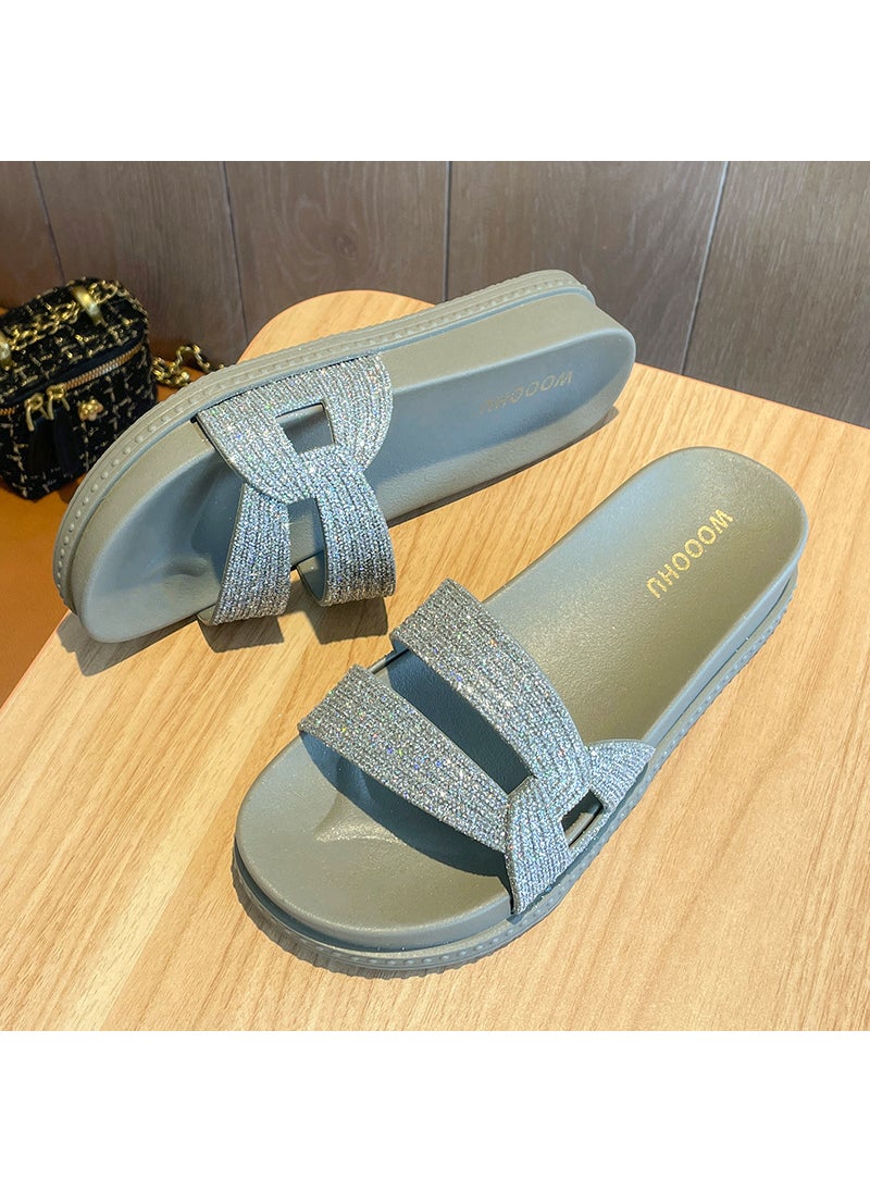 Generic - Fashionable Womens Summer Thick Bottom Sandals Diamond Embellished Beach Outerwear PVC Material One-Row Slippers For Outdoors Green - Image 1