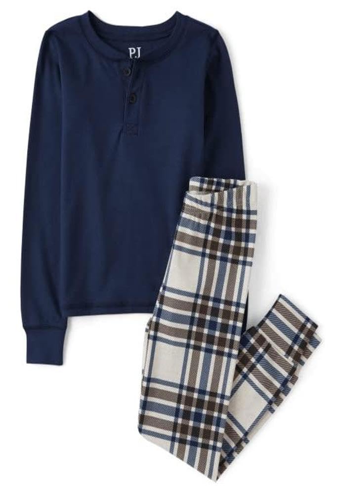 The Children's Place Boys' 100% Cotton Long Sleeve Top and Pants,2 Piece Pajama Set, Blue Vanilla Plaid Henley, 5 - Image 1