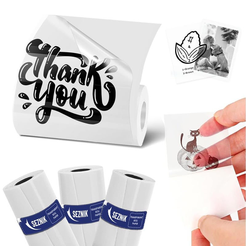SEZNIK Transparent Sticky Thermal Paper Rolls, 57mm Width, 2 inch Thermal Paper for Mini Thermal Printer (Transparent-Sticky- 3 Rolls) - Image 1