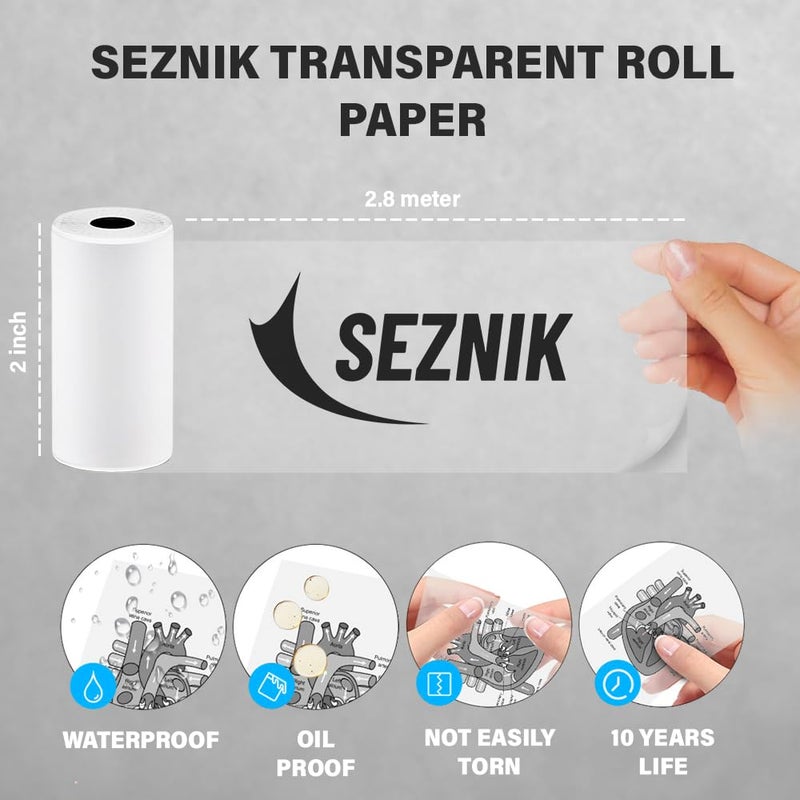 SEZNIK Transparent Sticky Thermal Paper Rolls, 57mm Width, 2 inch Thermal Paper for Mini Thermal Printer (Transparent-Sticky- 3 Rolls) - Image 2