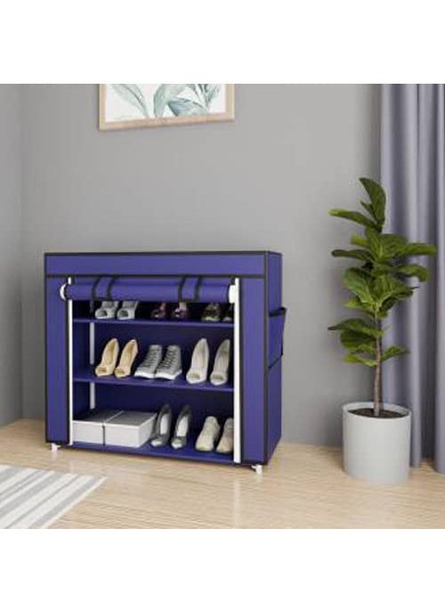 Hexzone Hexzone Multipurpose 3 Shelves Shoe Rack With Zip Door Cover Sied Pocket Multiuse Storage With Dustproof Blue  - Image 1