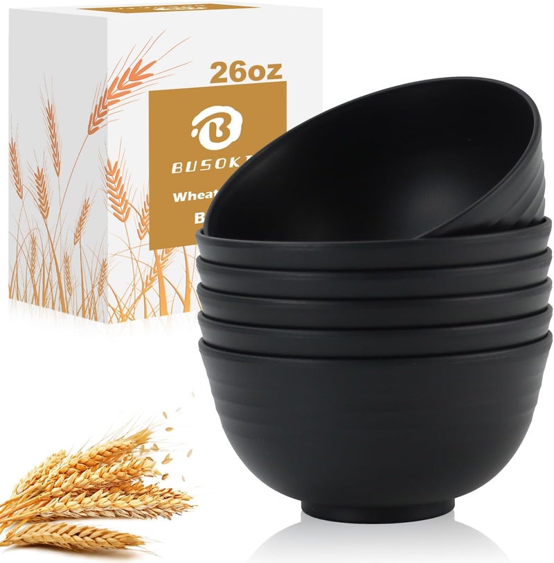 BUSOKIP Ramen Bowl 26oz, Unbreakable Wheat Straw Bowls Sets of 6, Plastic Bowl Reusable, Microwave & Dishwasher Safe Cereal Bowls for Kitchen, Dorm, Office- Black - Image 1