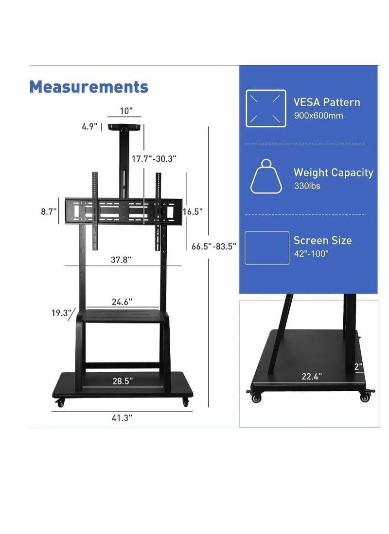Generic - Mobile TV Cart with Wheels Up to 100 Inch / Mobile Monitor Stand from 60-100 Inches / Mobile Floor TV Stand – Max Load Up to 150kg, VESA 600x1000~200x200, Black for Flat/Curved LCD LED 4K Screens - Image 1