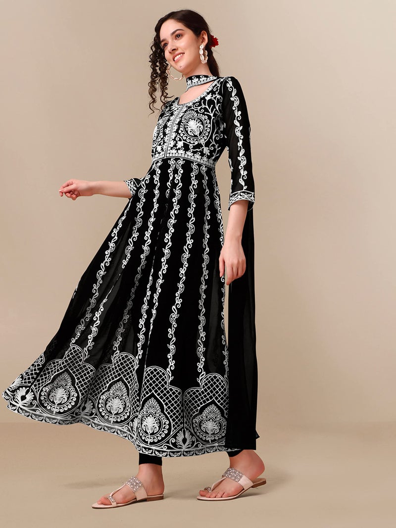 EthnicJunction Women's Georgette Chikankari Embroidery Anarkali Salwar Kameez (Kd1-Nazma-Black_M_New_Jet Black) - Image 3