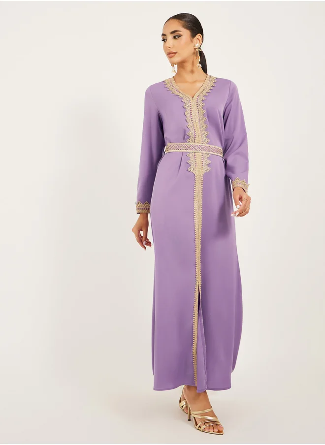 ستايلي Styli Lace Trim V-Neck Belted A-Line Kaftan