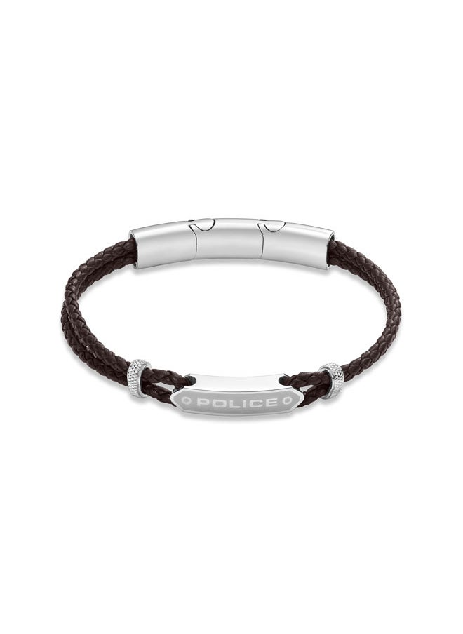 POLICE - Twincord BraceletDouble Row Brown Leather with Stainless Steel Rings and Central Screwed PlaqueRugged and Sophisticated Men's Style - Image 1