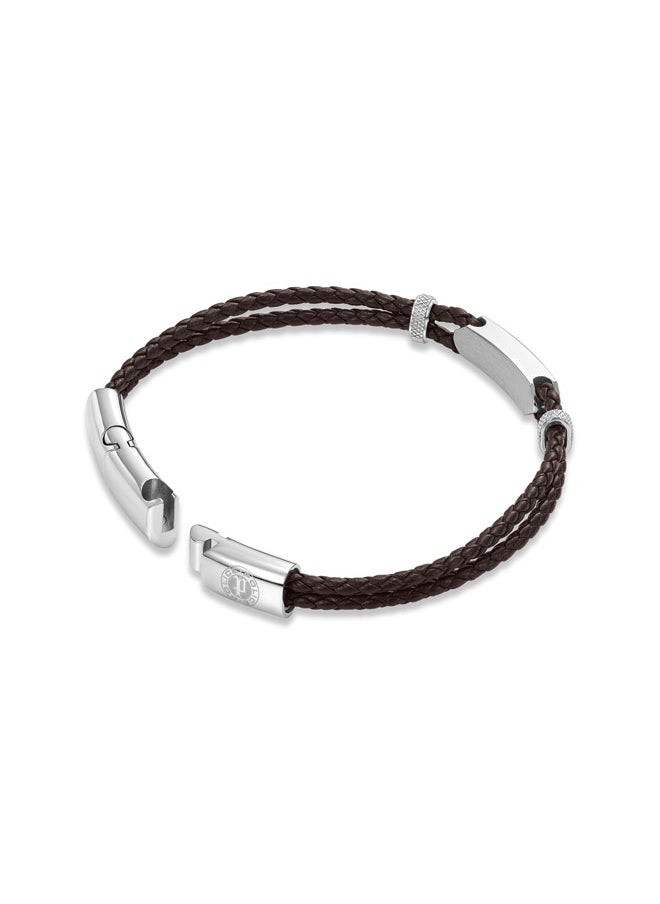 POLICE - Twincord BraceletDouble Row Brown Leather with Stainless Steel Rings and Central Screwed PlaqueRugged and Sophisticated Men's Style - Image 1