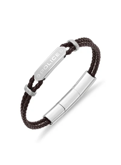 POLICE Twincord BraceletDouble Row Brown Leather with Stainless Steel Rings and Central Screwed PlaqueRugged and Sophisticated Men's Style