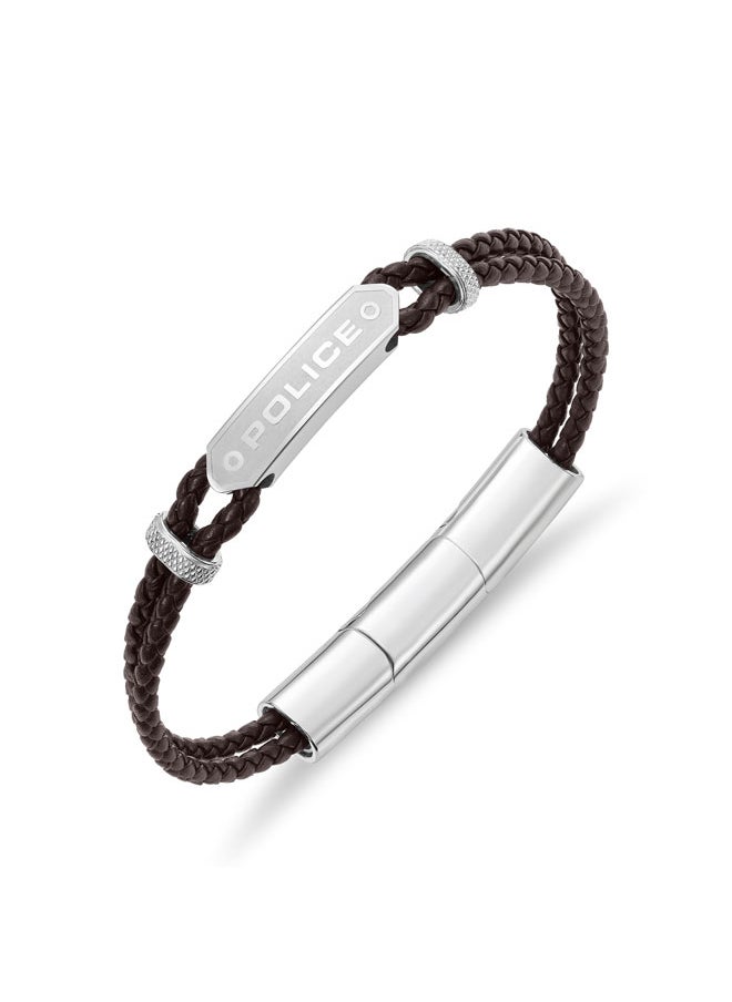 POLICE - Twincord BraceletDouble Row Brown Leather with Stainless Steel Rings and Central Screwed PlaqueRugged and Sophisticated Men's Style - Image 1