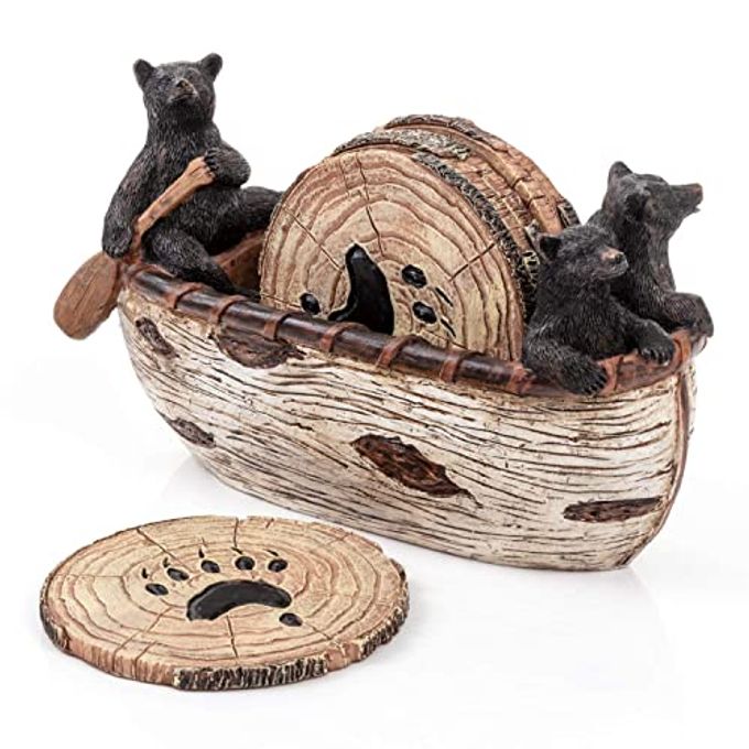 Cabin Obsession Bear Coasters Set of 6 Full Size Rustic Coasters in Handmade Canoe with Adorable Black Bear Figurines | Black Bear Log Cabin Decorations, Rustic Lodge Decor for The Home - Image 1