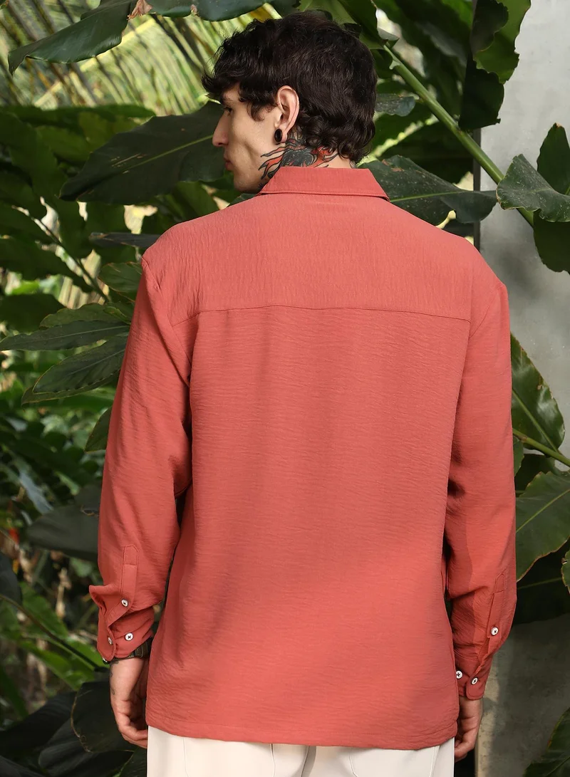 CAHOOT  Men's Coral Orange Breezy Wrinked Shirt for Men | Best Price UAE