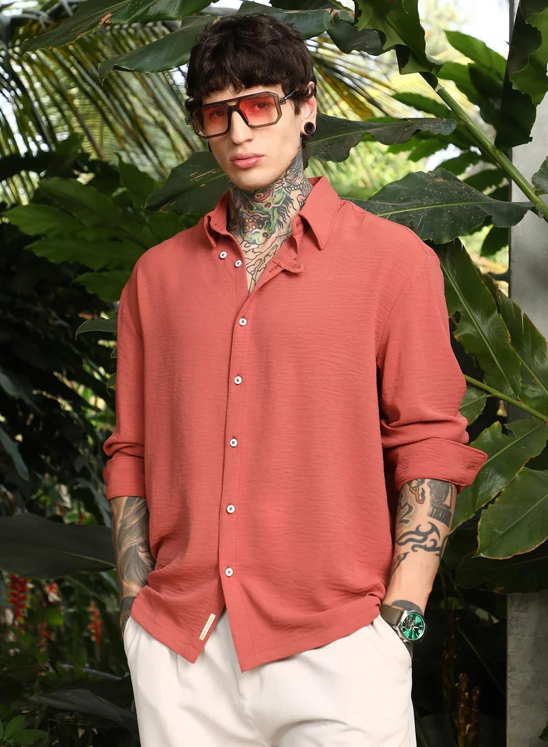 Campus Sutra Men's Coral Orange Breezy Wrinked Shirt For Casual Wear | Spread Collar | Long Cuffed Sleeves | Button Closure | Shirt Crafted With Comfort Fit For Everyday Wear