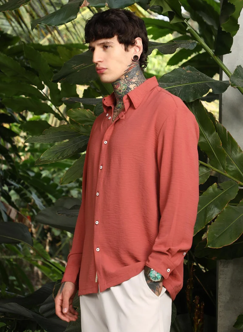 CAHOOT  Men's Coral Orange Breezy Wrinked Shirt for Men | Best Price UAE