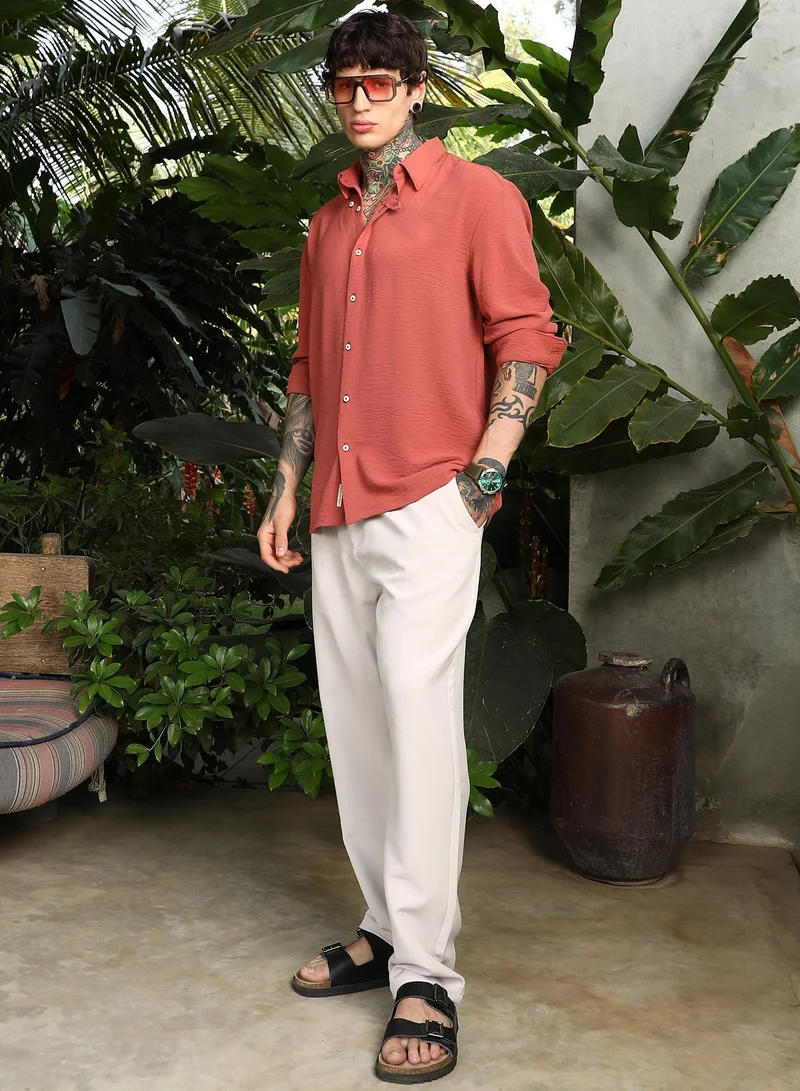 CAHOOT  Men's Coral Orange Breezy Wrinked Shirt for Men | Best Price UAE