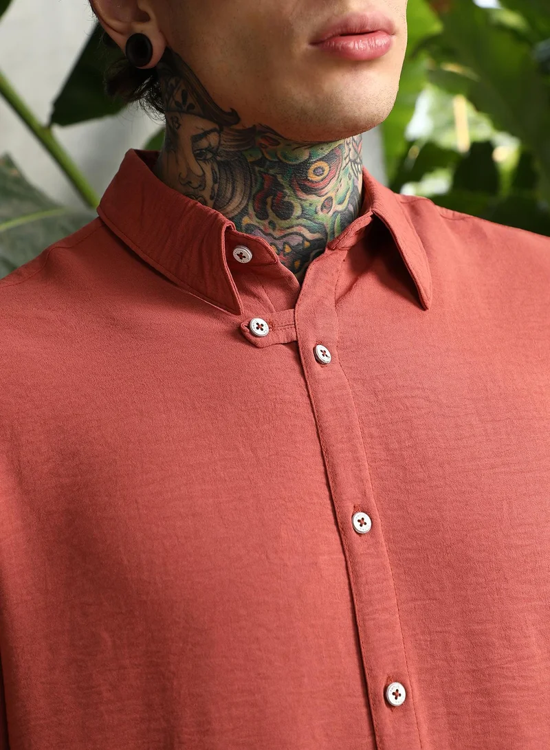 CAHOOT  Men's Coral Orange Breezy Wrinked Shirt for Men | Best Price UAE