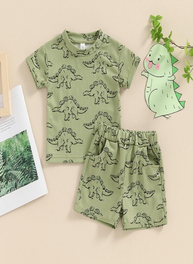 Rtnnsbbfcm Toddler Boy Summer Clothes Short Sleeve Dinosaur T Shirt Cartoon Shorts Baby Outfits Clothing Set (Dinosaur T Shirt Army Green, 12-18 Months) - Image 2