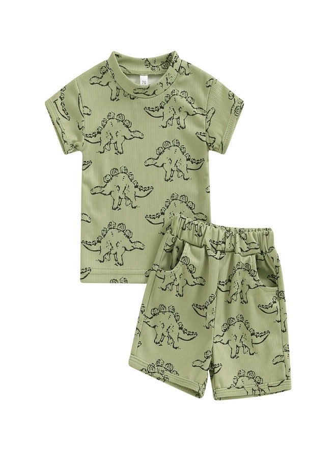 Rtnnsbbfcm Toddler Boy Summer Clothes Short Sleeve Dinosaur T Shirt Cartoon Shorts Baby Outfits Clothing Set (Dinosaur T Shirt Army Green, 12-18 Months) - Image 1