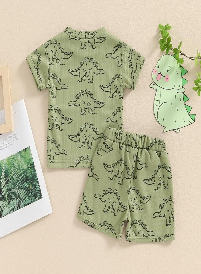 Rtnnsbbfcm Toddler Boy Summer Clothes Short Sleeve Dinosaur T Shirt Cartoon Shorts Baby Outfits Clothing Set (Dinosaur T Shirt Army Green, 12-18 Months) - Image 3