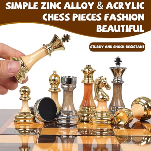 Kvintes Luxury Large Metal Acrylic Chess Set with Wooden Chess Board 17 Weighted Chess Pieces with 35 King Foldable Tournament Chess Set for Adults and Kids Professional Chess Game Set - Image 5
