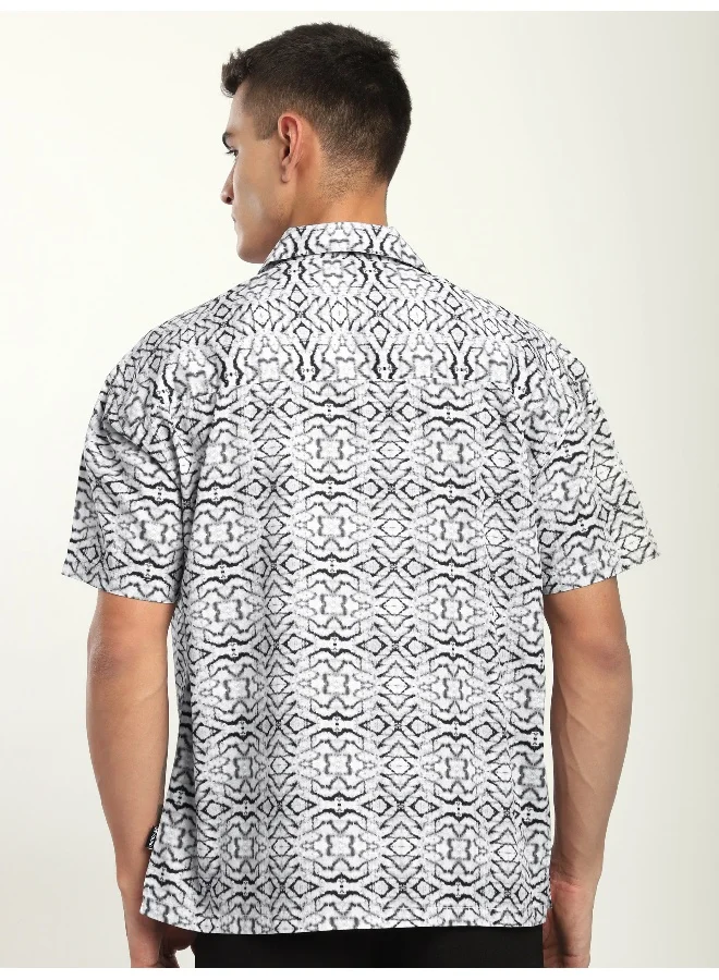 Beyoung White and Black Printed Cuban Shirt
