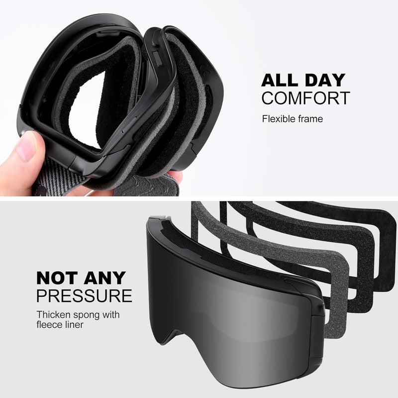 Odoland Ski Goggles with Detachable Lens, Frameless Interchangeable Lens Anti-Fog 100% UV Protection Snowboard Snow Goggles - Image 5