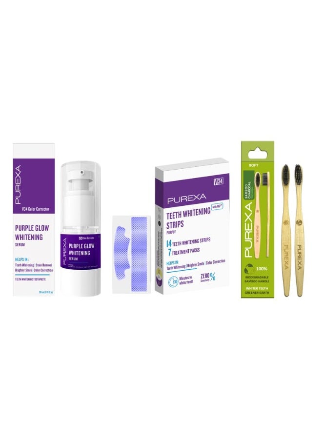 PUREXA Purple Glow Teeth Whitening Toothpaste, 30ml + Purple Professional Teeth Whitening Strips, Pack of 14 Strips + Bamboo Soft Bristles Activated Charcoal Toothbrush, Pack of 2 - Image 1