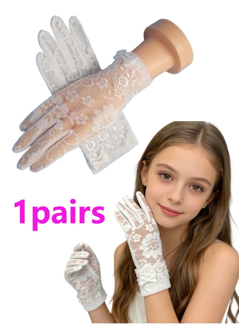 Women Lace Floral Gloves Non-slip Elegant Short Bow Lace Gloves for Wedding Parties Driving Cycling(white) - Image 1