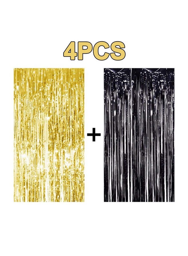 شارليتي 4 قطع 3 × 8 ستائر خلفية من ورق القصدير المعدني باللونين الأسود والذهبي لتزيين كشك الصور وحفلات أعياد الميلاد وحفلات الزفاف والتخرج - Image 2