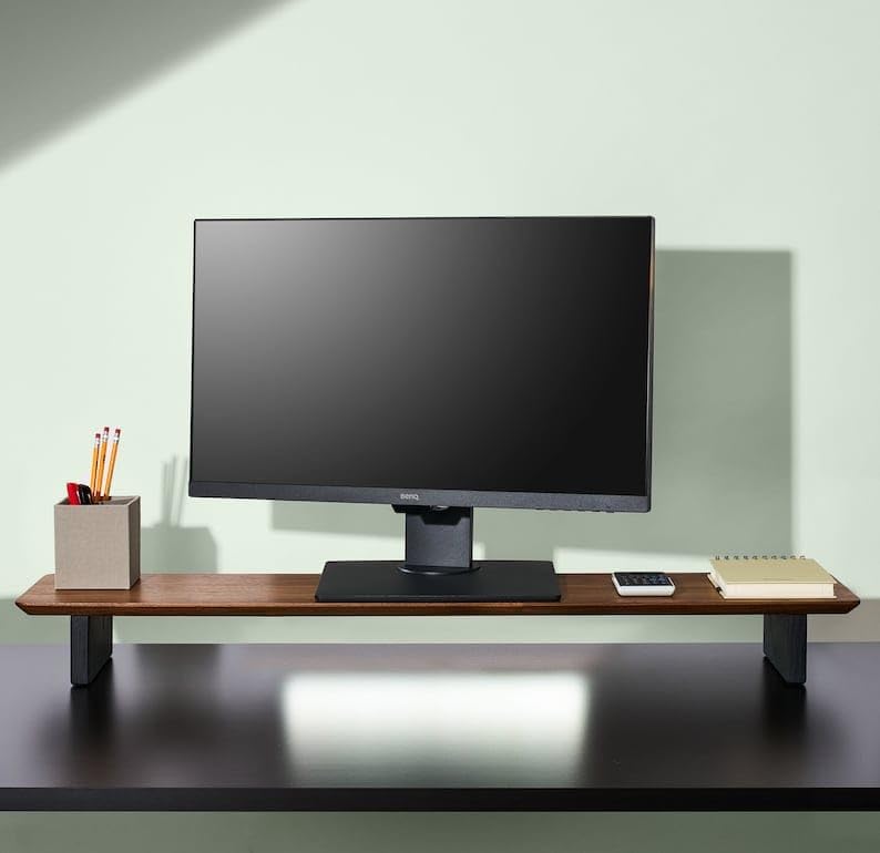 carpentray Wooden Computer Long Monitor Stand, Monitor Riser Desk Shelf Desktop Legs Stand TV Laptop Riser with Keyboard Storage Desk (Walnut (100cm, Black Legs) - Image 3