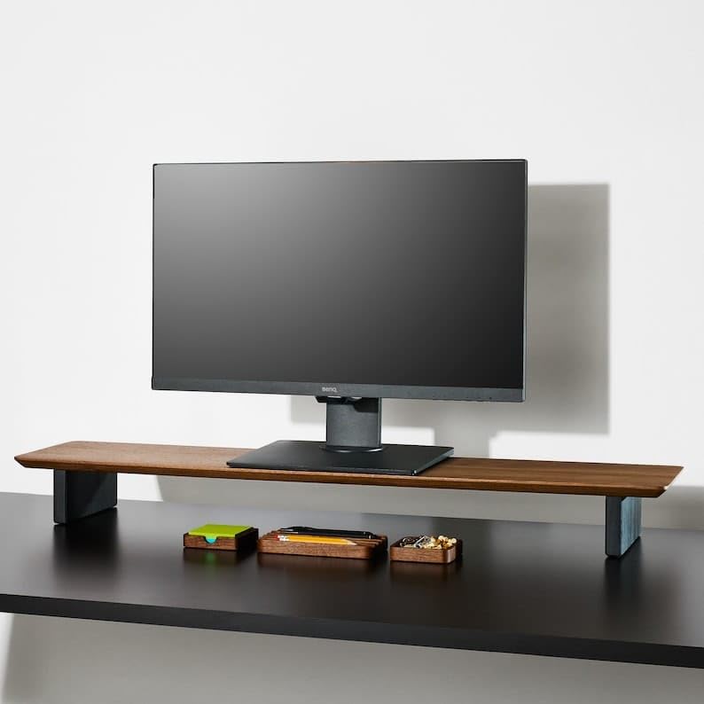 carpentray Wooden Computer Long Monitor Stand, Monitor Riser Desk Shelf Desktop Legs Stand TV Laptop Riser with Keyboard Storage Desk (Walnut (100cm, Black Legs) - Image 4