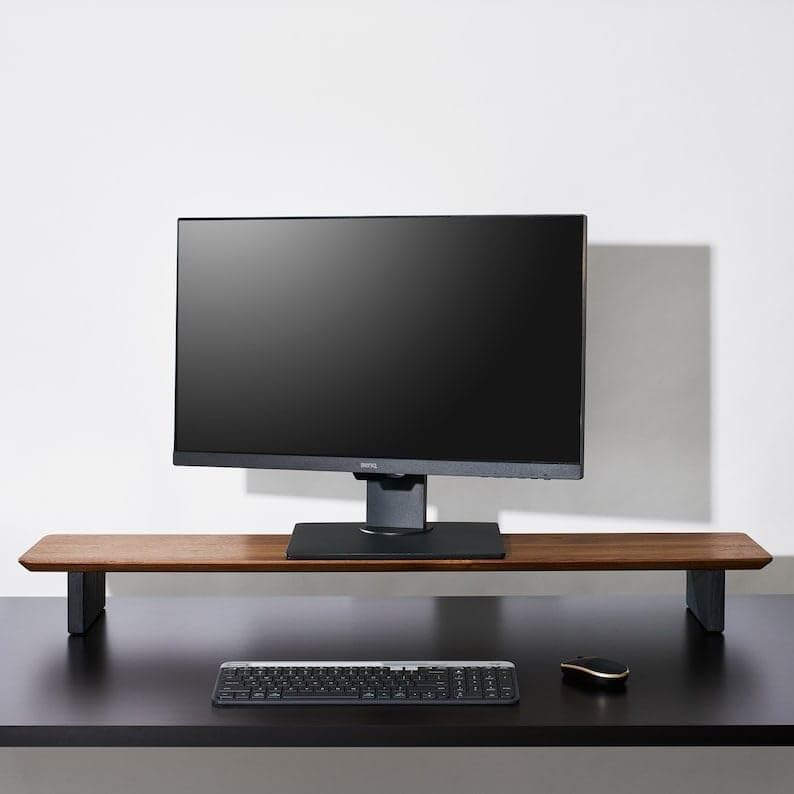 carpentray Wooden Computer Long Monitor Stand, Monitor Riser Desk Shelf Desktop Legs Stand TV Laptop Riser with Keyboard Storage Desk (Walnut (100cm, Black Legs) - Image 1