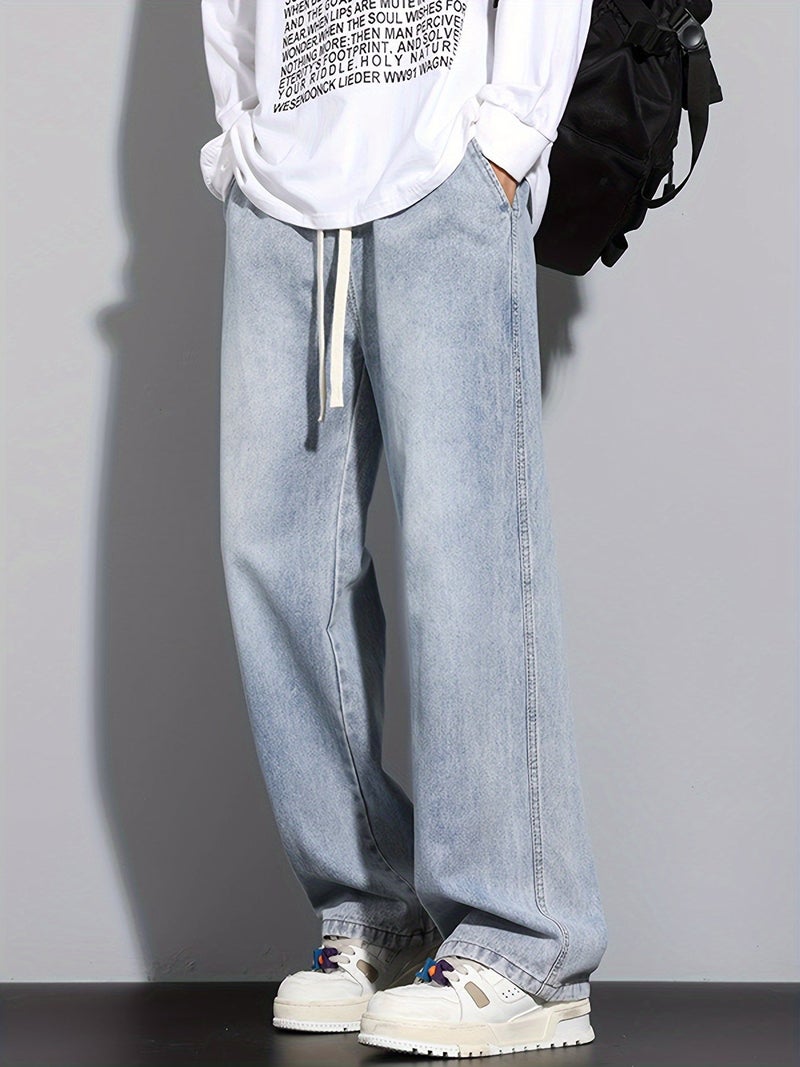 Men's Straight-Leg Relaxed Fit Non-Stretch Elastic Waistband Heavy Wash Salted Cat Whisker Five-Color Choice Jeans YG1133 - Image 4