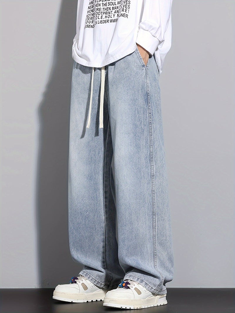 Men's Straight-Leg Relaxed Fit Non-Stretch Elastic Waistband Heavy Wash Salted Cat Whisker Five-Color Choice Jeans YG1133 - Image 5