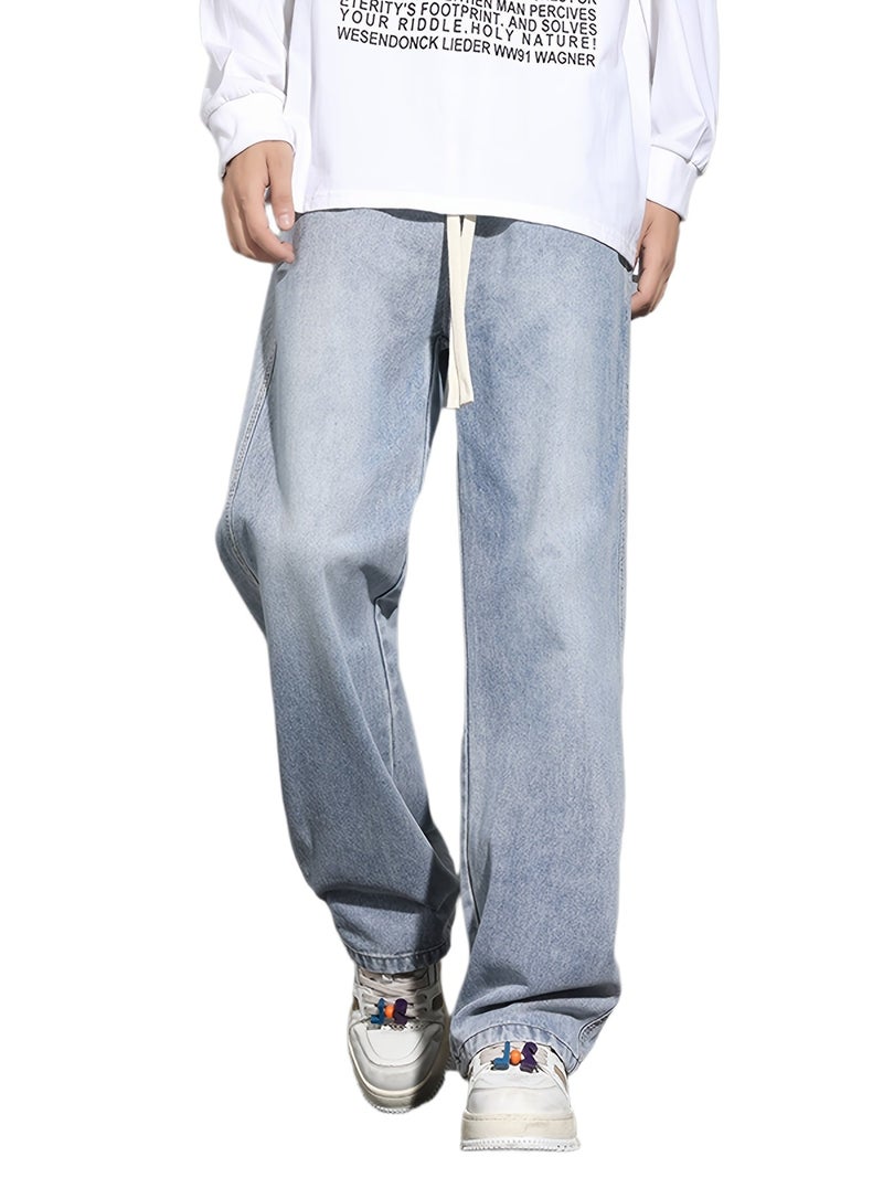 Men's Straight-Leg Relaxed Fit Non-Stretch Elastic Waistband Heavy Wash Salted Cat Whisker Five-Color Choice Jeans YG1133 - Image 1