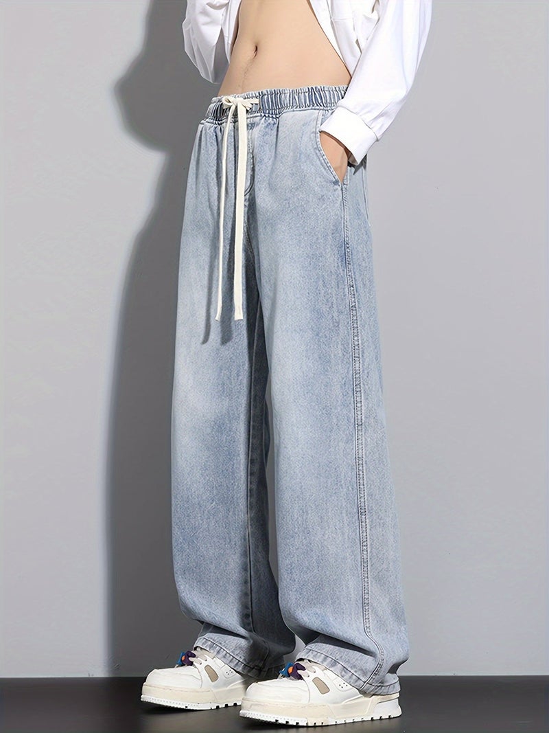 Men's Straight-Leg Relaxed Fit Non-Stretch Elastic Waistband Heavy Wash Salted Cat Whisker Five-Color Choice Jeans YG1133 - Image 3