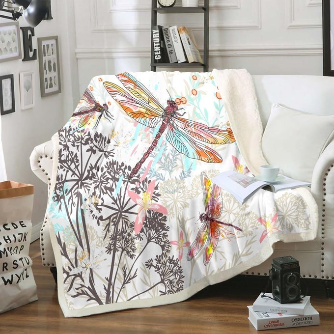 DRAGONFLY FLEECE SHERPA THROW BLANKET SOFT COZY FLUFFY FLOWERS FUZZY BLANKET CARING GIFT FOR WOMEN ADULTS BOTANICAL WEED PLUSH MICROFIBER BLANKET 60X80
