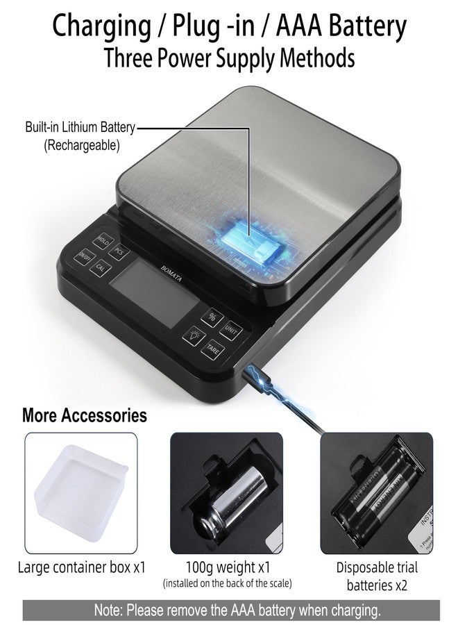 BOMATA Large Kitchen Scale with 0.1g/0.001oz High Precision, 5kg/11lb Bakery Scale with% Percentage Function, USB Rechargeable, Full-View Angle LCD with Backlight, Stainless Steel Pan - Image 5