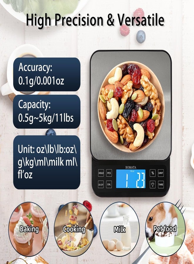 BOMATA Large Kitchen Scale with 0.1g/0.001oz High Precision, 5kg/11lb Bakery Scale with% Percentage Function, USB Rechargeable, Full-View Angle LCD with Backlight, Stainless Steel Pan - Image 3