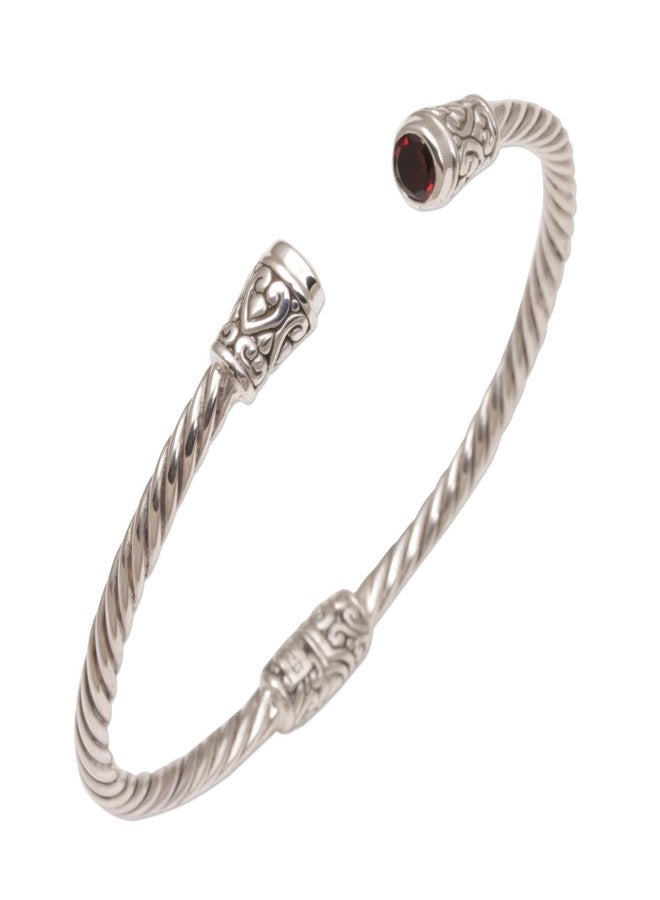 NOVICA Artisan Handmade Garnet Cuff Bracelet Sterling Silver from Bali Red Indonesia Birthstone [6 in L (end to End) x 0.2 in W] ' Spiral Temple' - Image 1