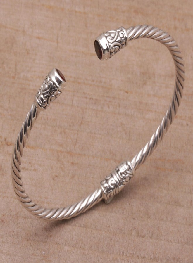 NOVICA Artisan Handmade Garnet Cuff Bracelet Sterling Silver from Bali Red Indonesia Birthstone [6 in L (end to End) x 0.2 in W] ' Spiral Temple' - Image 4