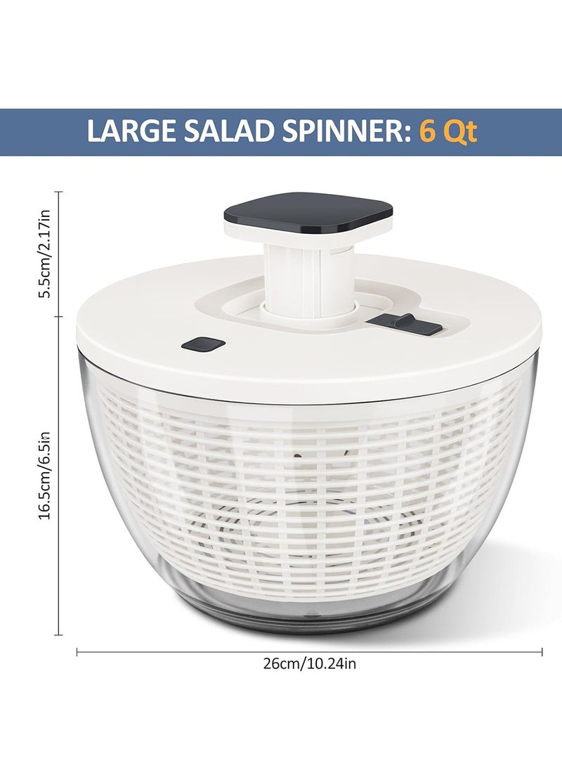 6L Salad Spinner, Vegetable Dryer with Comfortable and Retractable Pusher and Brake Button, Large Lettuce Spinner for Greens, Herb, Berry, Fruits