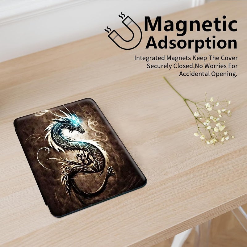 غلاف All-New Amazon Kindle Fire 7 Tablet - حامل قابل للدوران 360 درجة، غلاف واقي ذكي لجهاز Fire 7 2022 Tablet (شاشة 7 بوصة)، تصميم Dragon - Image 3