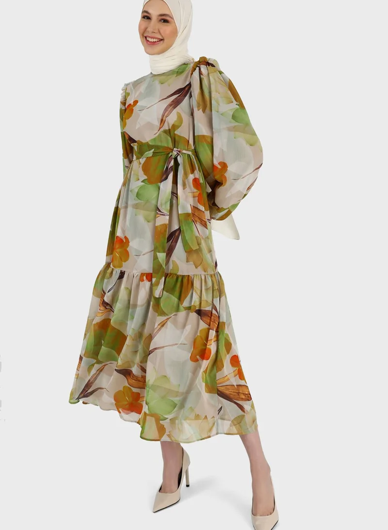 Refka by modanisa Floral Print Tiered Puff Sleeve Dress
